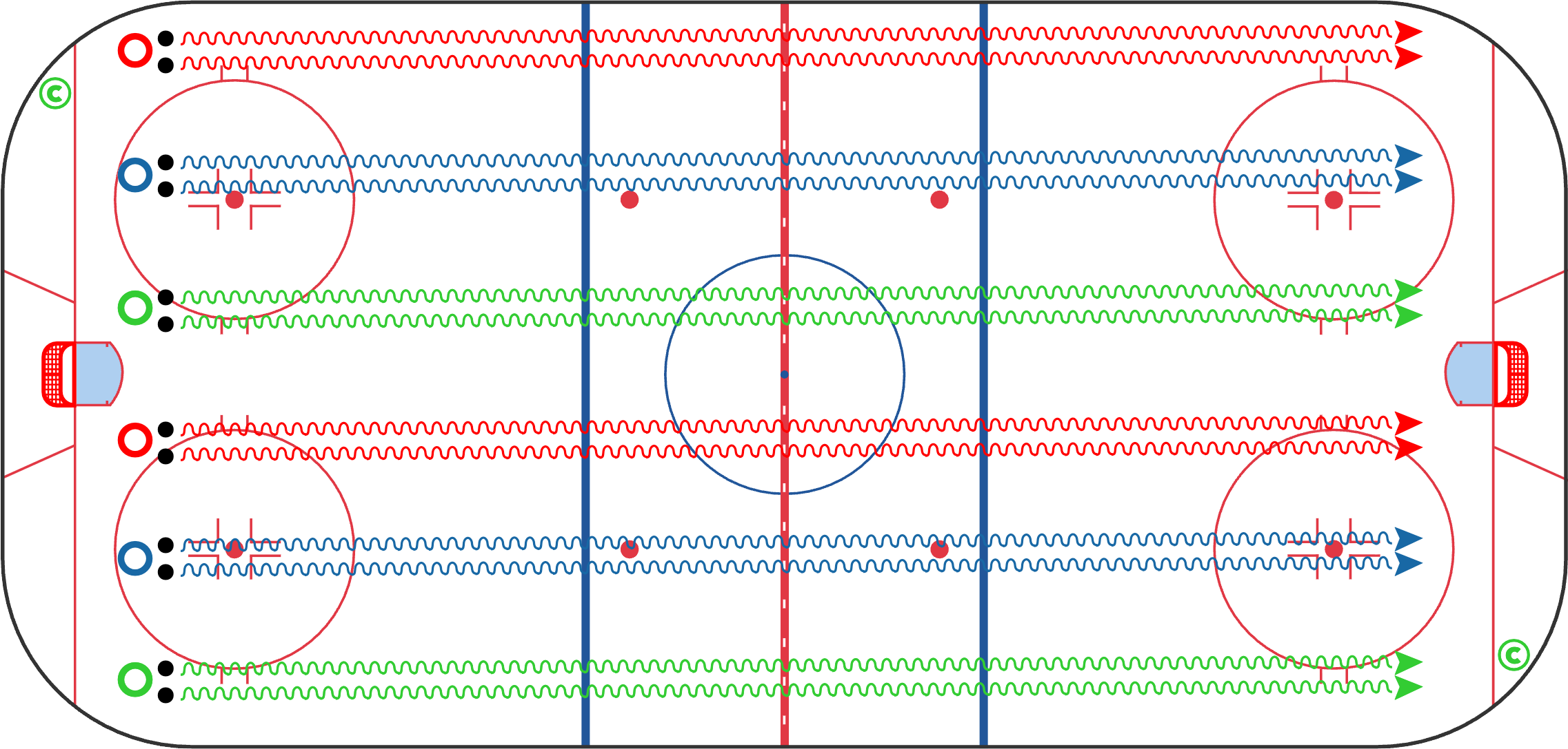 Diagram of a puck stickhandling drill showing players practicing tight-area control, wrist movement, and changes of direction.