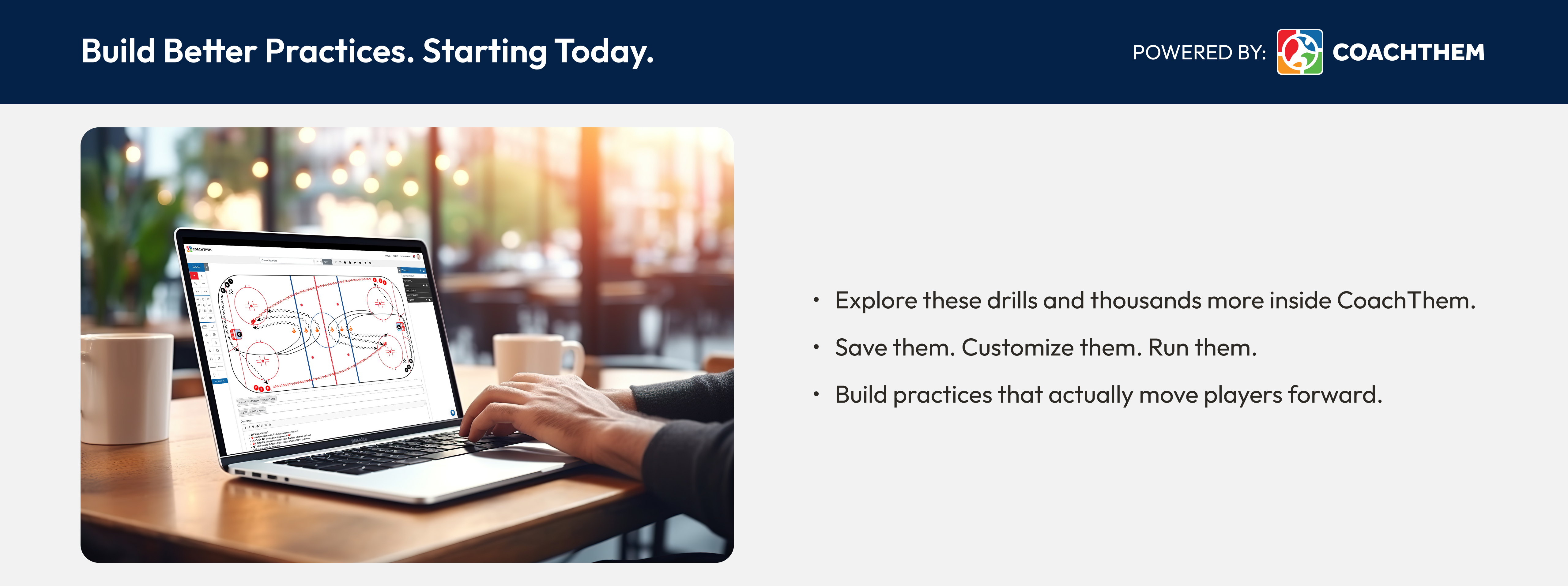 Build Better Practices. Starting Today.    Explore these drills and thousands more inside CoachThem.  Save them. Customize them. Run them.  Build practices that actually move players forward.