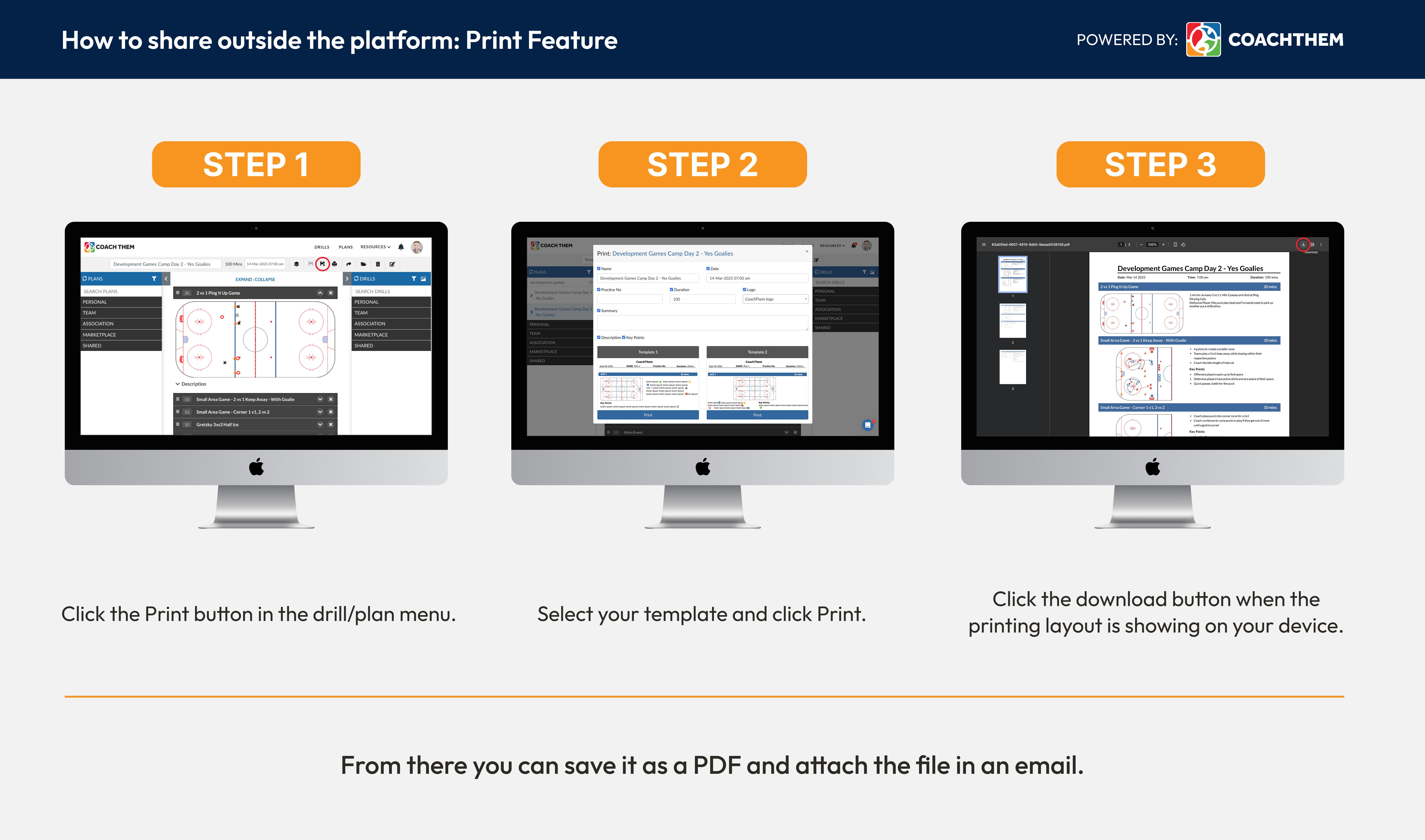 A CoachThem screen showing how to share a practice plan outside the platform: use the print icon, navigate to the printing template tab, and select download PDF to export practice plans for players or coaches without an account