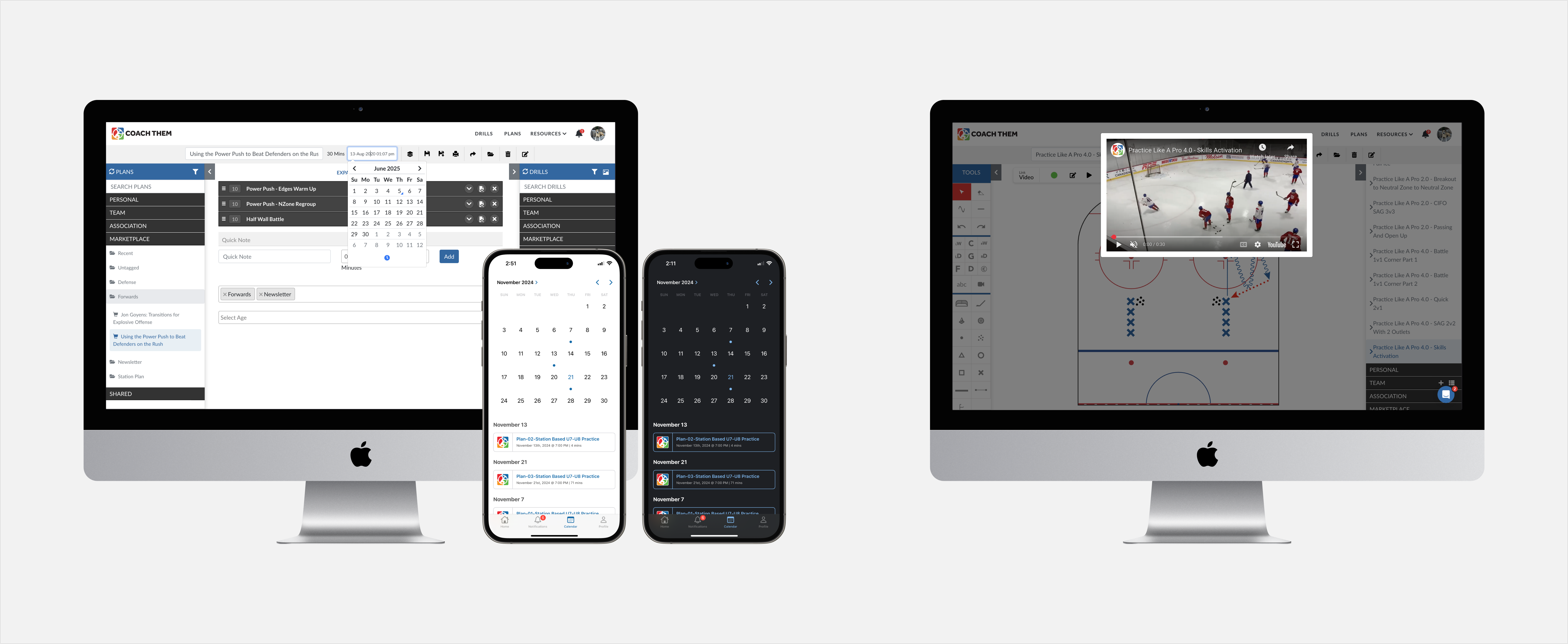CoachThem desktop and mobile interfaces displaying practice planning calendars, scheduling tools, and integrated video playback for drill demonstrations — helping coaches organize, plan, and visualize sessions across devices.