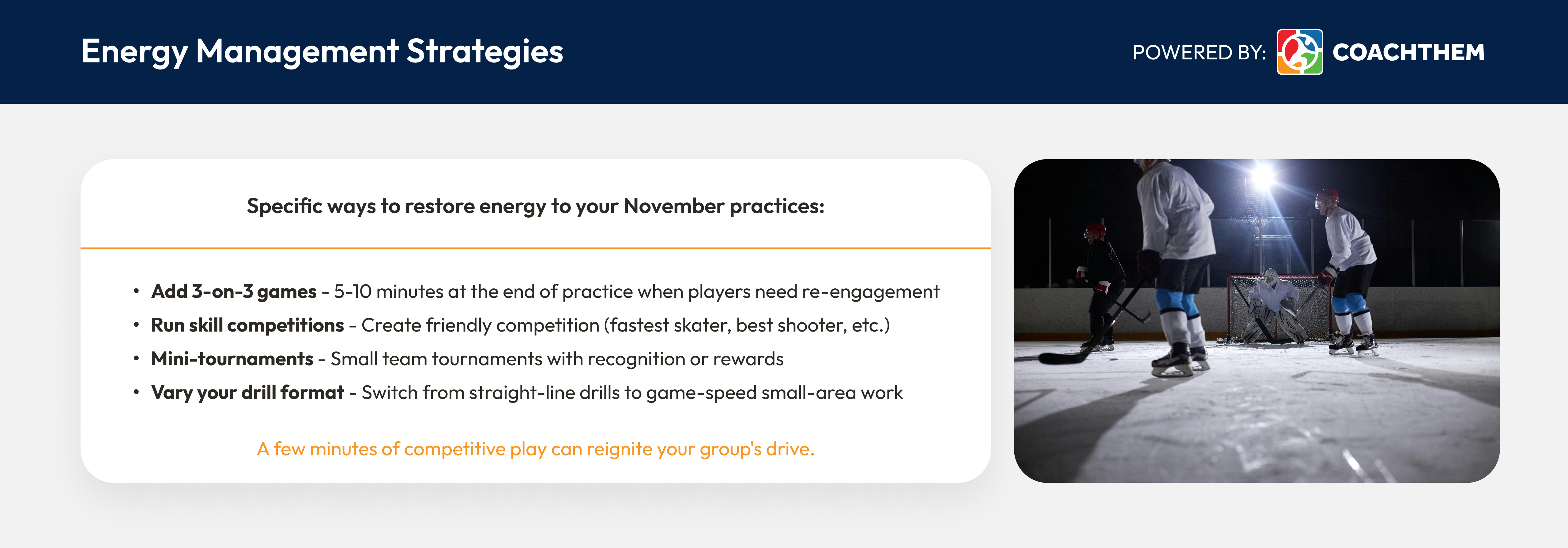 Youth hockey players engaged in competitive 3-on-3 drill during practice