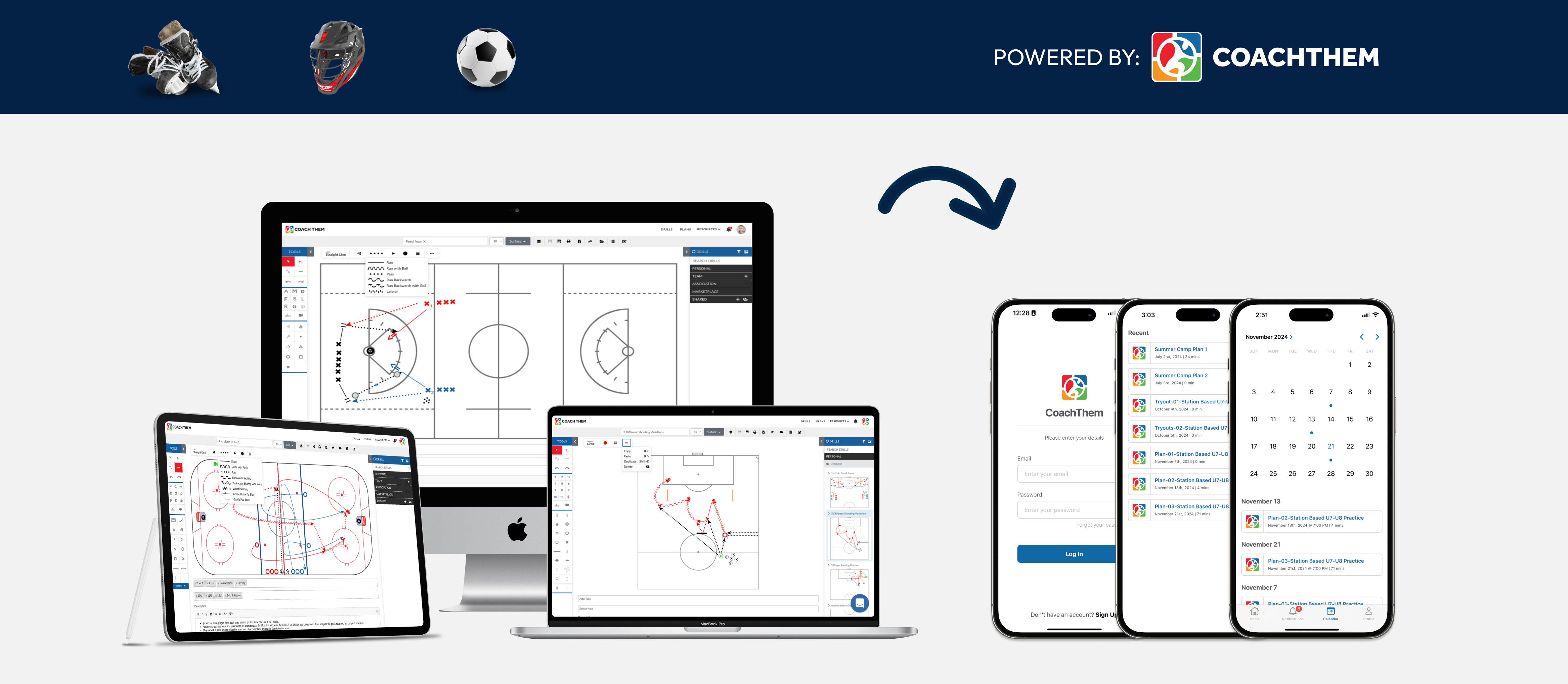 CoachThem coaching software displayed on desktop and mobile, showing digital drill design, practice planning tools, and calendar management for hockey, soccer, and lacrosse coaches.