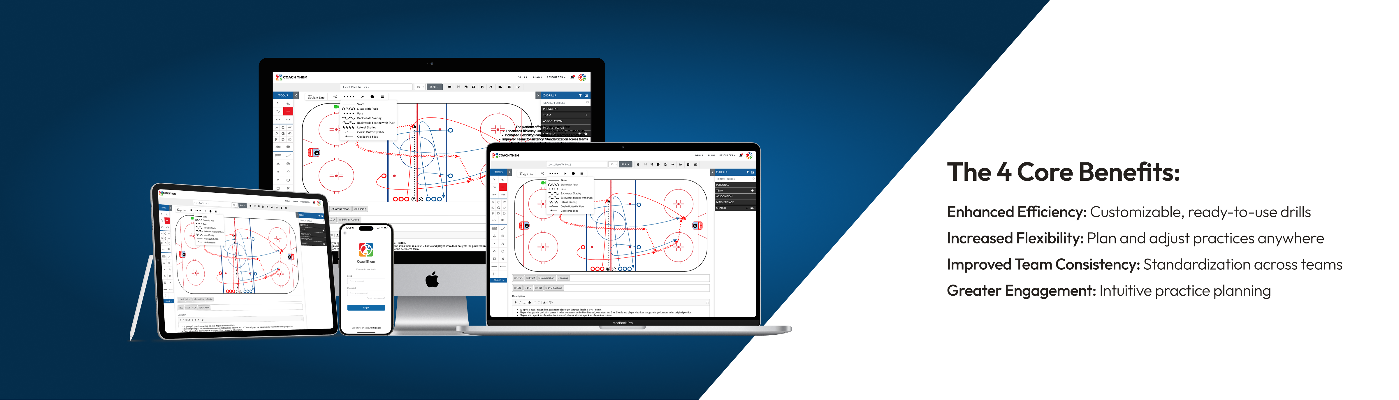 CoachThem benefits, Enhanced Efficiency: Customizable, ready-to-use drills Increased Flexibility: Plan and adjust practices anywhere Improved Team Consistency: Standardization across teams Greater Engagement: Intuitive practice planning