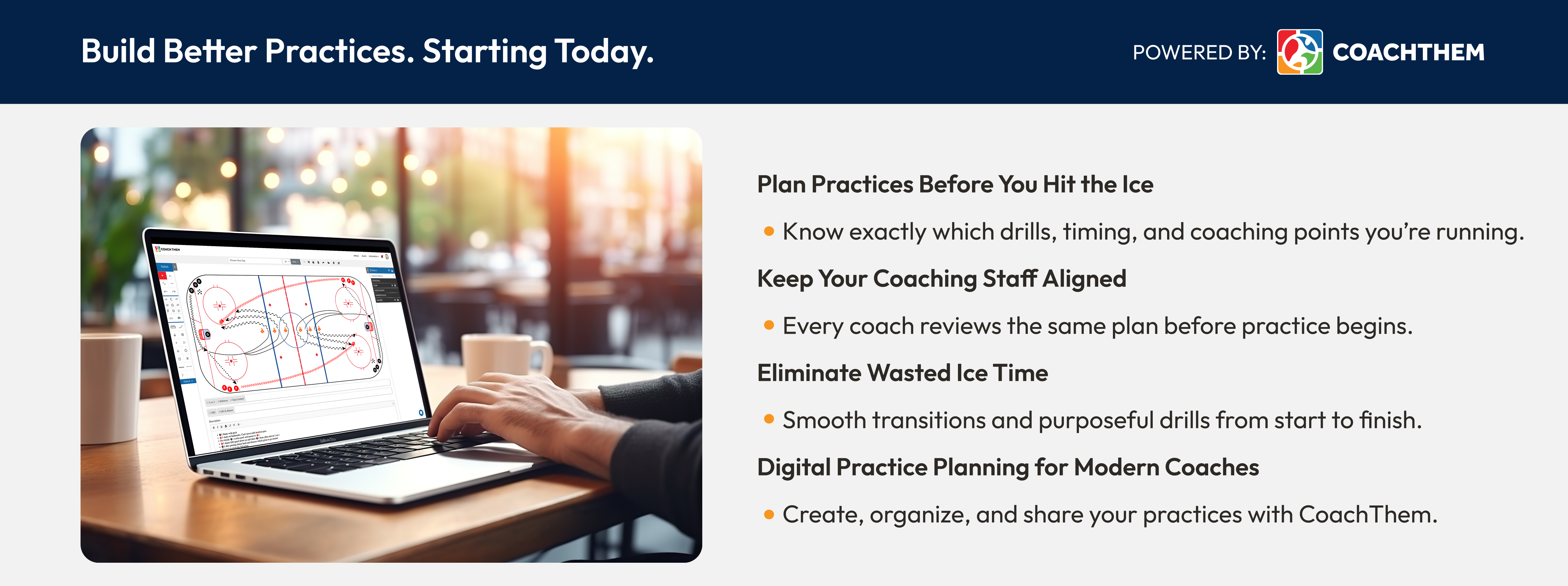 Coach using CoachThem on a laptop to digitally plan a youth hockey practice with drills and coaching notes
