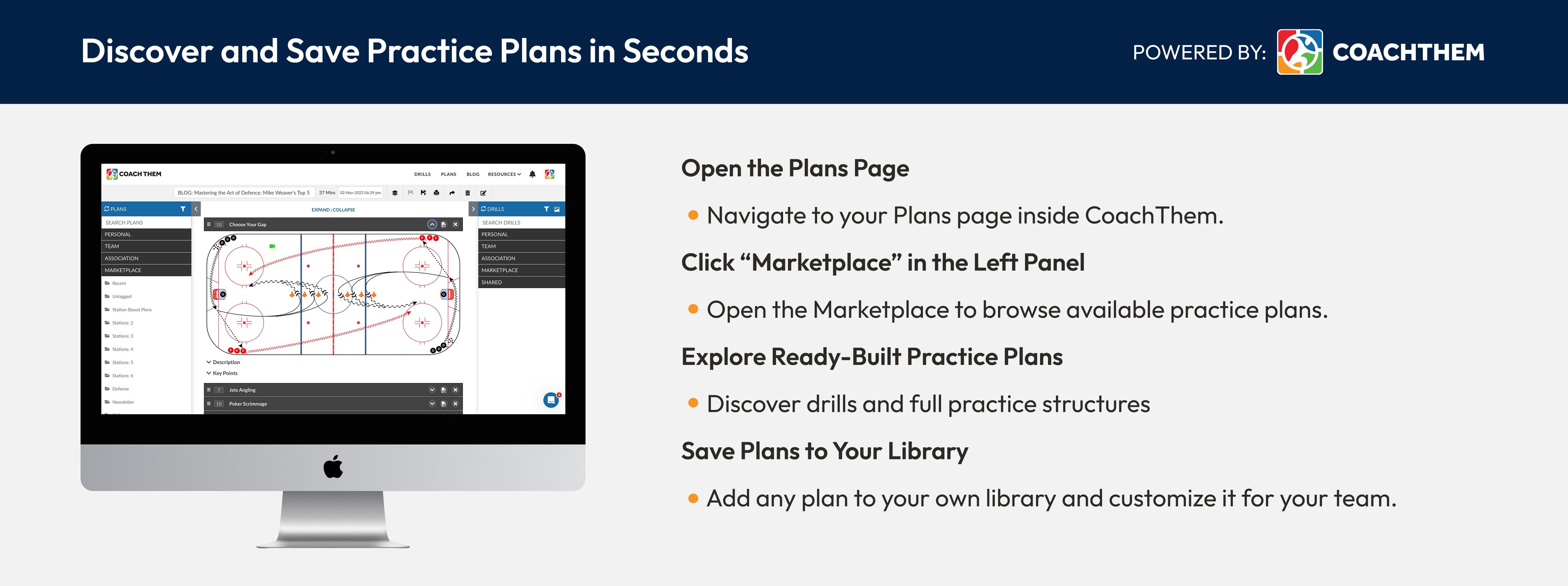 CoachThem Marketplace showing how coaches can explore and save youth hockey practice plans from the Plans page